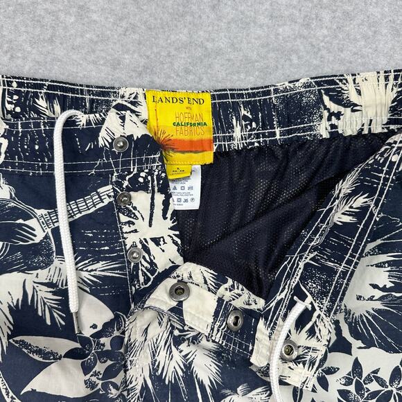 Lands' End Hoffman California Swim Trunks L Blue White Hula Hawaiian Mesh Lined - Picture 2 of 5